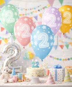 Pyntet festlokale til 2 års fødselsdag med pastel talballoner nummer 2, guirlander, kagebord og gaver