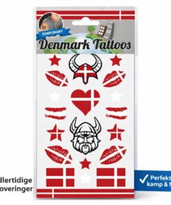 Pakke med midlertidige tatoveringer med Danmark motiver som Dannebrog, viking og hjerte i rød/hvid.