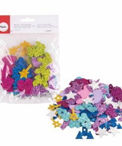 Pakke med selvklæbende mosgummi eventyrfigurer med glitter – 80 stk assorterede farver og former