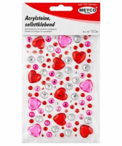Selvklæbende acrylsten rhinsten hjerter i farvemix rød, pink og klar – packshot