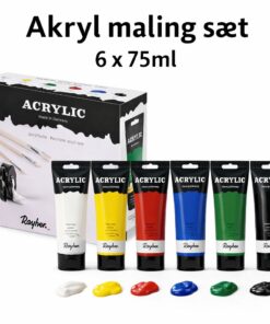 Akryl maling sæt 6 x 75 ml med grundfarver hvid, gul, rød, blå, grøn og sort – produktbillede med tuber og æske