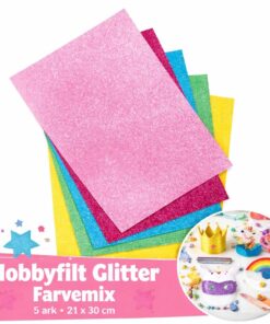 Hobbyfilt glitter farvemix 21x30 cm – 5 ark til DIY pynt og hobbyprojekter