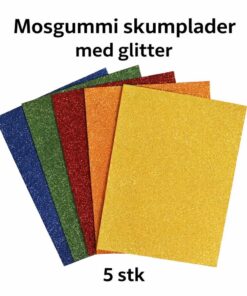Produktbillede af mosgummi skumplader med glitter i mixfarver med teksten “Mosgummi skumplader med glitter” og “5 stk”.