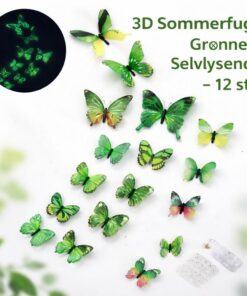 3D sommerfugle grønne selvlysende 12 stk til vægdekoration
