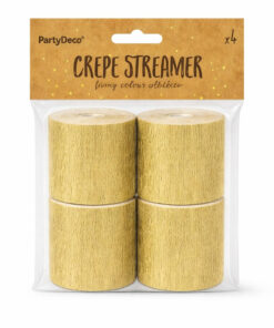 4 ruller guldfarvet crepepapir 5 cm x 10 m i emballage (PartyDeco Crepe Streamer)