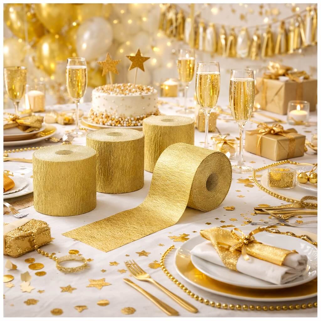 Guldfarvet crepepapir på pyntet festbord med guld dekoration, konfetti og champagneglas