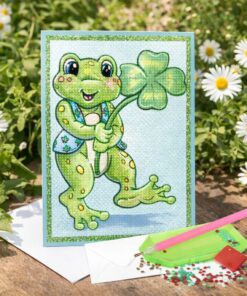 Diamond painting kort med frø og firkløver i 10x15 cm, kreativt DIY-kort med glitrende diamanter og værktøj.