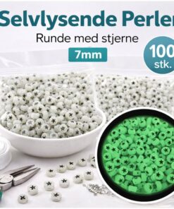 Selvlysende perler runde med stjerne 7mm – 100 stk. glow in the dark perler til smykkefremstilling og kreativ hobby