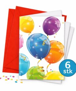 Børnefødselsdag invitationer med balloner og røde kuverter – 6 stk invitationer
