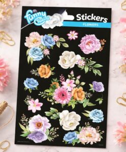 Stickers med blomster stickerark fra Funny Products med dekorative blomster-klistermærker i pastel farver til planner, scrapbooking og kort.