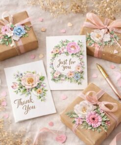 Stemningsbillede med stickers med blomster brugt til pynt på kort og gaveindpakning med gavebånd og dekorationer.