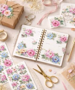 Stemningsbillede med stickers med blomster brugt i planner og kreative DIY-projekter sammen med gaveindpakning, kort og stationery.