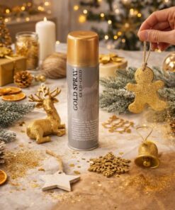 Guldspray 160 ml brugt til DIY julepynt med guldmalede dekorationer, grankviste og glimmer på kreativt hobbybord