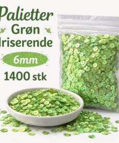 Grønne iriserende palietter 6 mm – pose og skål med ca. 1400 stk til hobby og dekoration