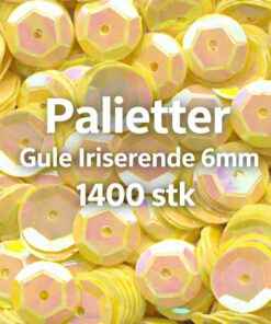 Gule iriserende palietter 6 mm med tekst “Palietter Gule Iriserende 6mm 1400 stk” vist på nærbillede af skinnende palietter.