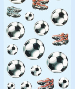 Ark med fodbold stickers med fodbolde og fodboldstøvler i forskellige størrelser på lyseblå baggrund