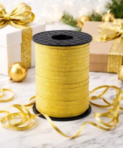 Guld glitter gavebånd 5 mm på rulle brugt til gaveindpakning med sløjfer og festlige dekorationer