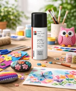 Spraylim på kreativt hobbybord omgivet af maling, pensler, filtfigurer og DIY materialer