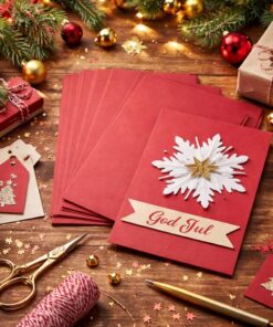 Håndlavet julekort med God Jul tekst lavet af Majestic julerød A4 karton omgivet af hobbyværktøj og julepynt