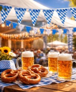 Ølkrus og pretzels på bord med blå-hvid dug under Oktoberfest vimpelguirlander i festligt øltelt