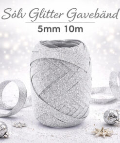 Produktbillede af sølv glitter gavebånd 5 mm x 10 m med dekorativ baggrund og tekst