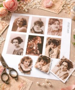 3D ark med nostalgiske dame-motiver fra Dan Pictures omgivet af sakse, blonder, perler og scrapbooking materialer til kortfremstilling