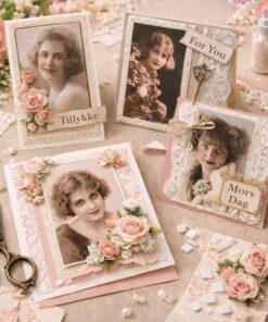 Håndlavede vintage kort med 3D nostalgiske damer fra Dan Pictures omgivet af blomster, blonder og scrapbooking materialer