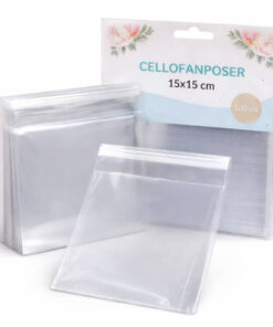 Cellofanposer 15x15 cm klar med limluk 100 stk – gennemsigtige poser til kort og invitationer