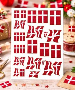 Ark med glitrende Dannebrog flag stickers i forskellige størrelser brugt til dansk festdekoration og gaveindpakning