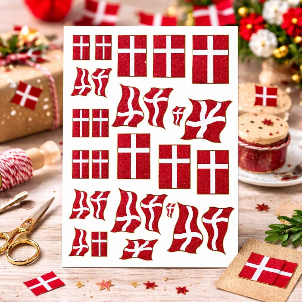 Ark med glitrende Dannebrog flag stickers i forskellige størrelser brugt til dansk festdekoration og gaveindpakning