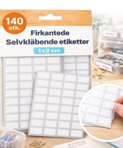 Firkantede selvklæbende etiketter 1x2 cm pakke med 140 stk. små hvide labels til organisering og mærkning