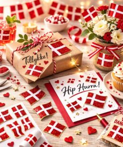 Glitrende Dannebrog stickers brugt på gaveindpakning, kort og festbord med cupcake og danske flag til fødselsdag og konfirmation