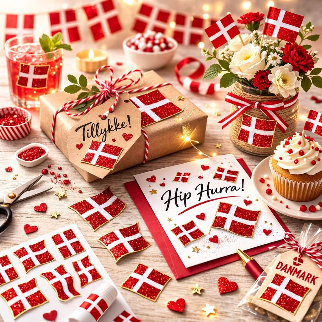 Glitrende Dannebrog stickers brugt på gaveindpakning, kort og festbord med cupcake og danske flag til fødselsdag og konfirmation