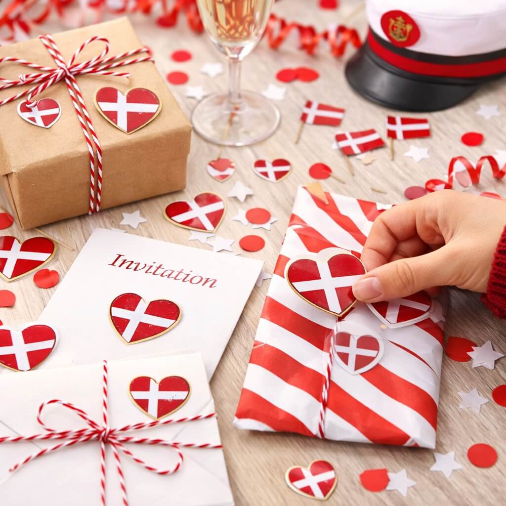 Hånd sætter hjerteformet Dannebrog sticker på gave med rød hvid indpakning til studenterfest og invitation