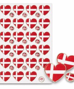 Ark med hjerteformede Dannebrog stickers i rød og hvid med glitter og guld kant – 24 klistermærker med dansk flag