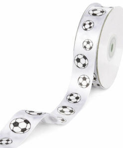 Hvidt dekorationsbånd med sorte fodbolde på rulle, 25 mm bredt og 20 meter langt, velegnet til gaveindpakning og fodboldfest pynt