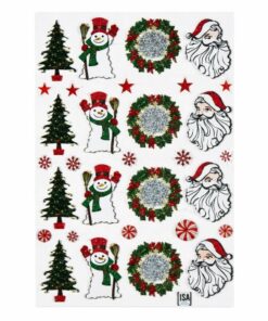 Ark med jule stickers med juletræer, snemænd og julekranse på hvid baggrund