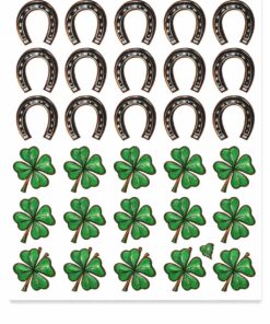 Små stickers med hestesko og grønne firkløver – held og lykke klistermærker ark med 24 stk til kort, scrapbooking og gaveindpakning.