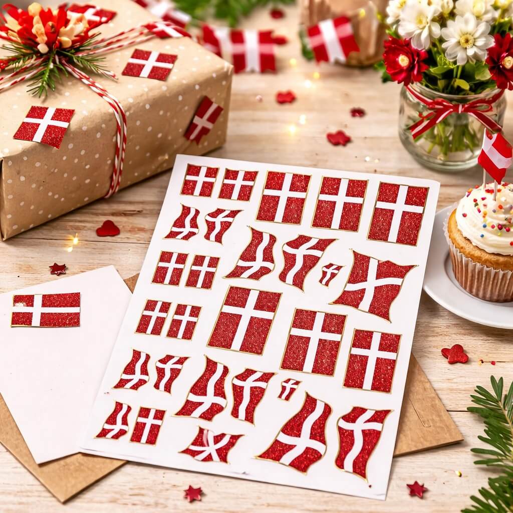 Glitrende stickers med Dannebrog flag brugt på gave, kort og festbord med dansk dekoration til fødselsdag og konfirmation