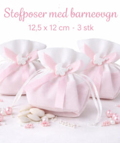 Tre lyserøde stofposer med barnevognsdetalje, 12,5 x 12 cm, perfekte som gaveposer til barnedåb og babyshower