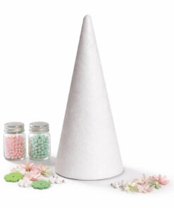 Styropor kegle 20 cm i hvid flamingo med hobbyperler og dekoration til kreative DIY projekter