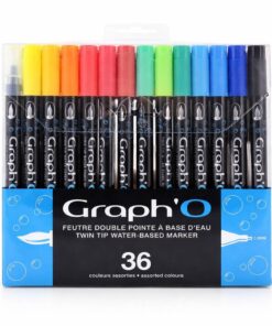 GRAPH'O Twin Tip marker sæt med 36 vandbaserede farver med brush tip og fin 0,5 mm spids til tegning, lettering og illustration