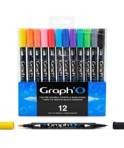 GRAPH'O Twin Tip Marker sæt med 12 farver vandbaserede tusser med brush spids og 0,5 mm fin spids til tegning, illustration og lettering