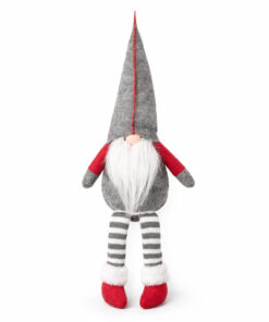 Nordisk julenisse dekoration i grå og rød med lang hue, skæg og lange stribede ben
