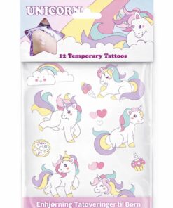 Pakke med 12 enhjørning tatoveringer til børn – søde midlertidige unicorn tattoos