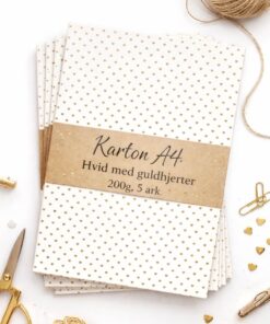 Karton A4 hvid med små guld hjerter 200g pakke med 5 ark hobbykarton til kortlavning scrapbooking og DIY projekter