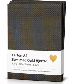 Karton A4 200g sort med guld hjerter – dekorativ hobbykarton til kortlavning, scrapbooking og kreative DIY projekter
