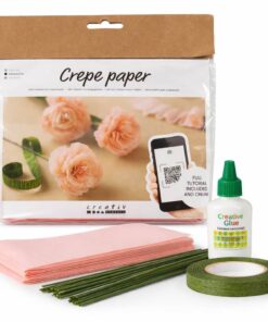 Mini DIY Kit til at lave nelliker i crepepapir med crepepapir, blomsterstængler, blomster tape og hobbylim