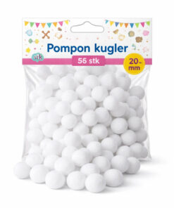 Pakke med hvide pompon kugler 20 mm 55 stk til hobby, DIY projekter, skoleprojekter og kreative aktiviteter