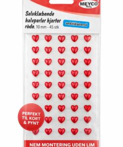 Selvklæbende røde halvperler i hjerteform 10 mm – 45 stk til kort, scrapbooking og DIY dekoration